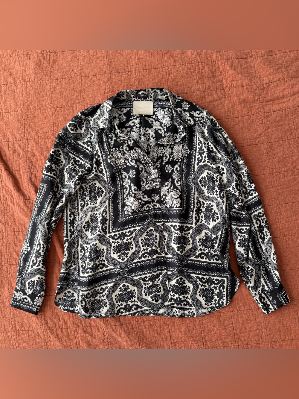Momoni 100% Silk Arles Shirt Black Cream Geometric Print Button Up Blouse IT 38
